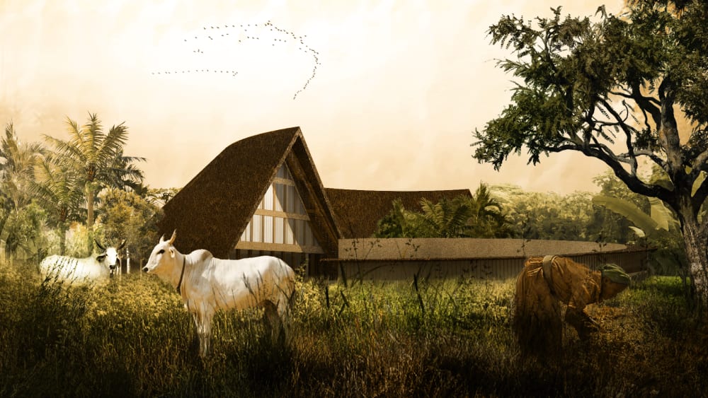 A lush green landscape in northern Nigeria. with a building in the background and cattle, shrubs and trees in the foreground.