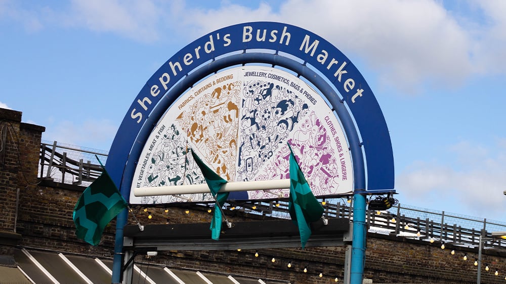 A sign for Shepherd's Bush Market