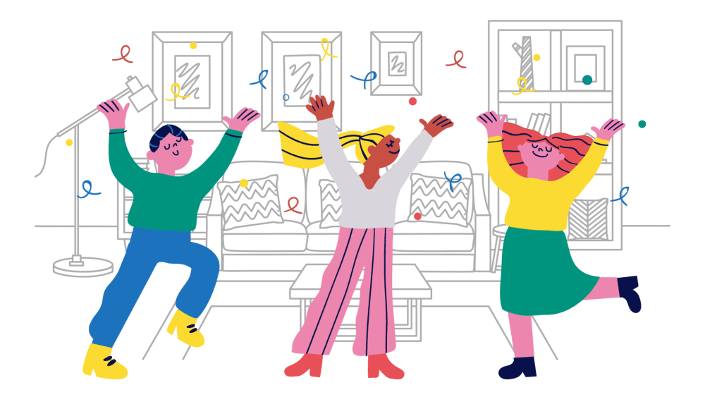 Illustration of 3 people, drawn in bright colours, celebrating. The background is a line drawing of a living room.