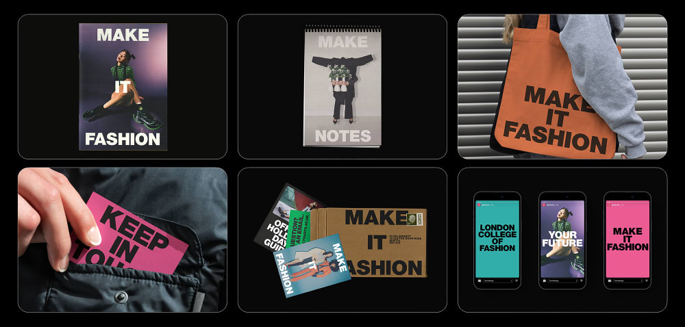 Different applications of the Make it Fashion campaign, including a notebook, a tote bag, business cards, Instagram story assets and posters.