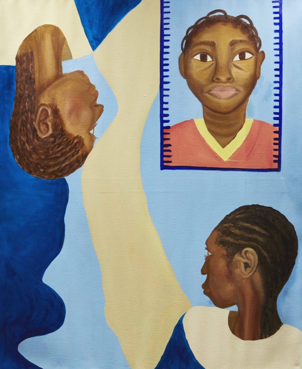 Oil painting of three heads at different angles