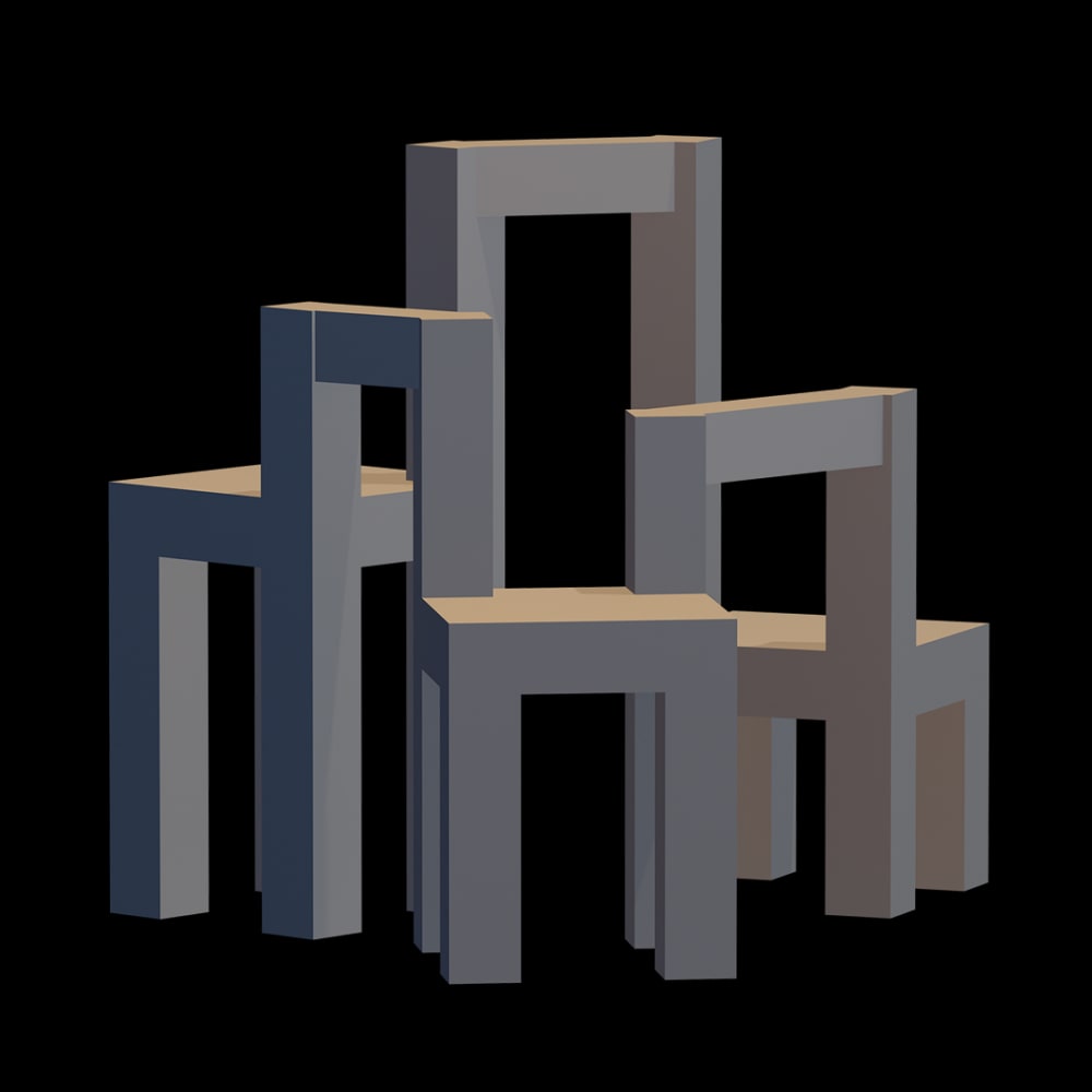 A 3D-rendered chair which has three seats, facing outwards at different angles and heights. The chair is dark grey with blue and orange lights shining onto it.