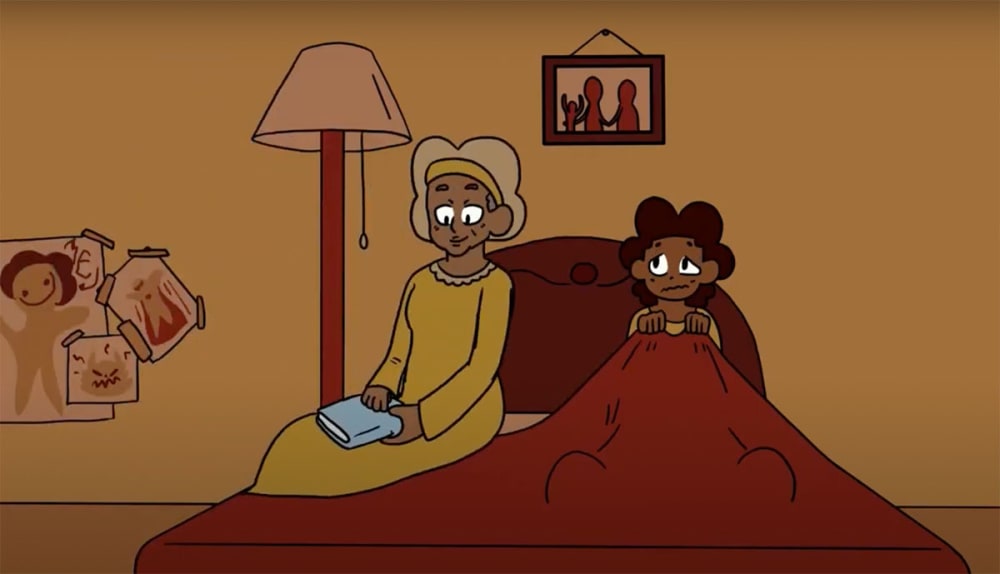 Animation still of a grandmother reading to her grandson.