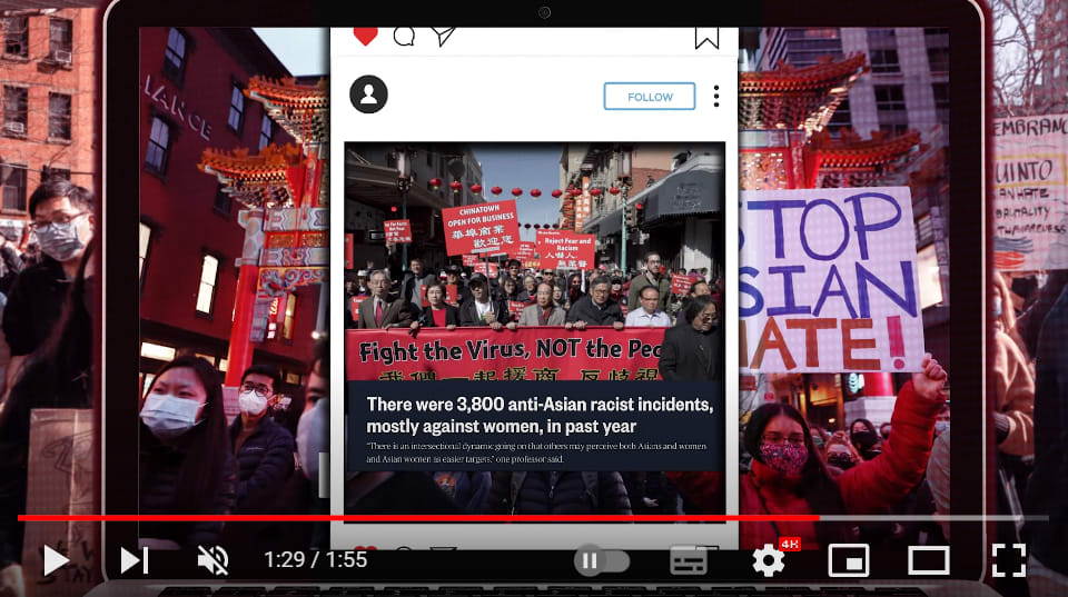 Screengrab from Safe Distance teaser showing a news article about anti-Asian discrimination during Covid-19