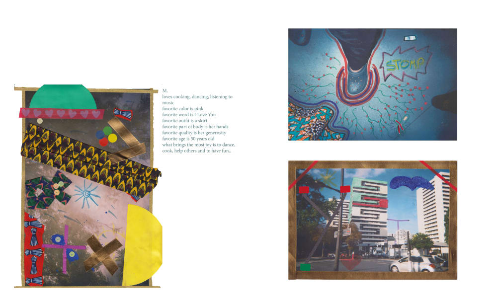 Collage of three images with drawings and a short bio of a woman named M.