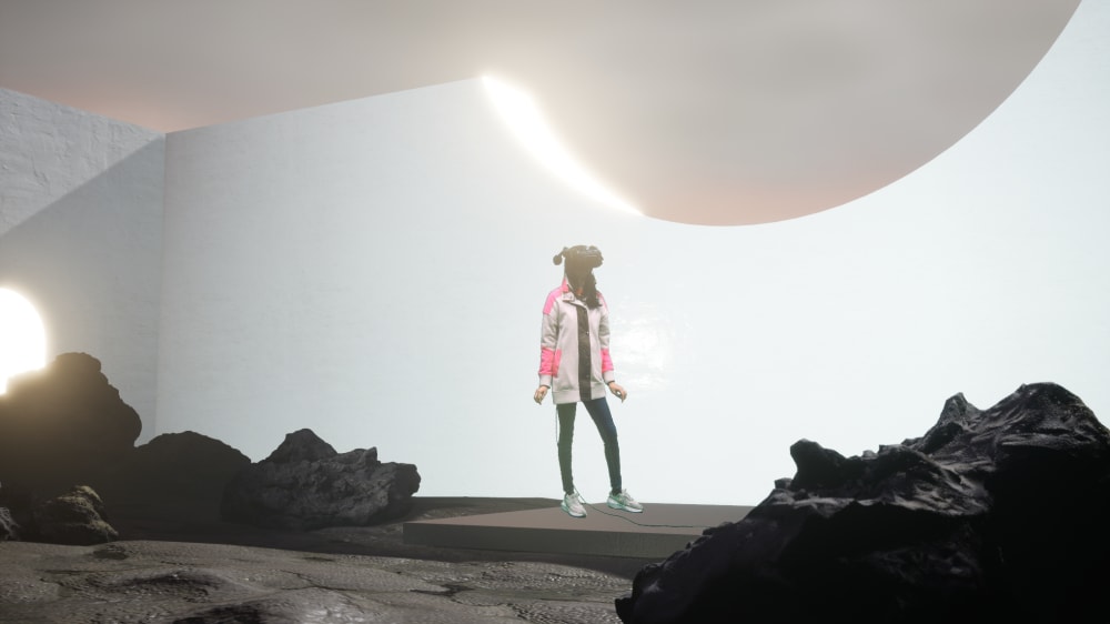 Pooja Shah wearing a VR headset in a VR world, a room in space 