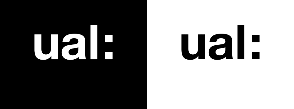 UAL primary logo shown in white on black background and black on white background