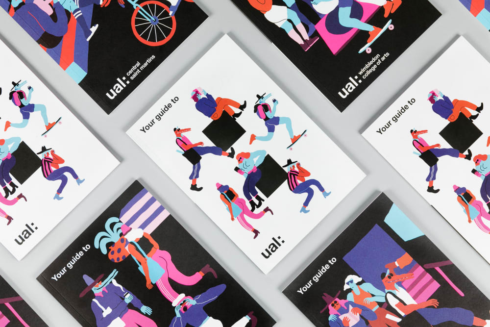 Several student guide booklets arranged like tiles on grey background.