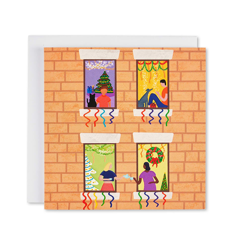 Christmas card design featuring the front of a building where you can see into 4 different people's rooms, full of Christmas decorations.