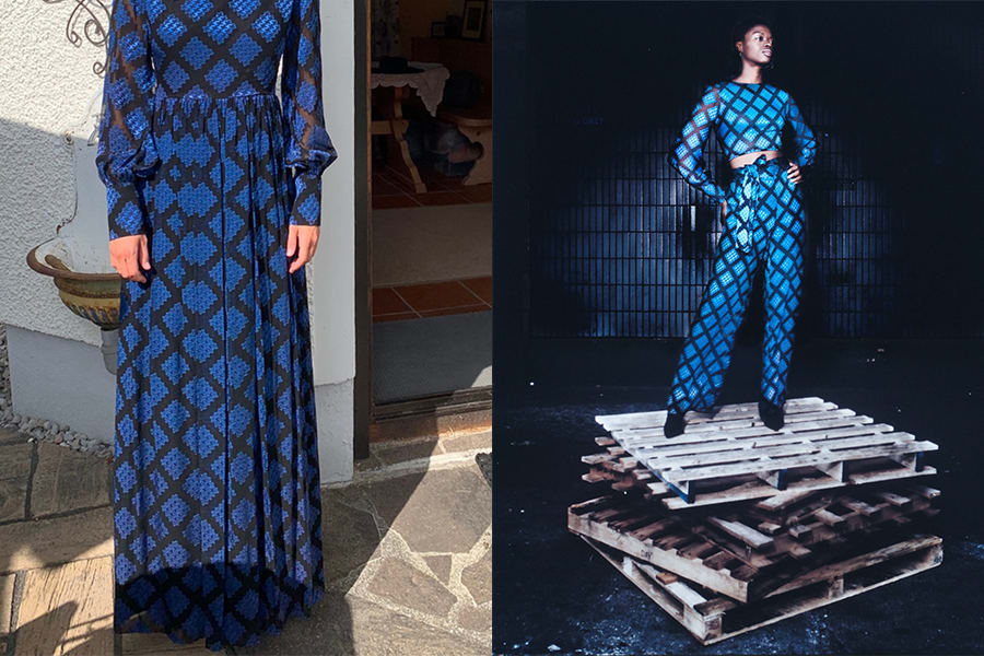 Before and after picture of striking blue and black ballgown, repurposed as a crop top and leggings set.