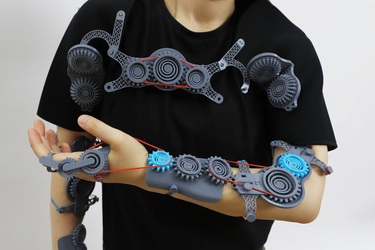 person wearing scientific arm mechanics