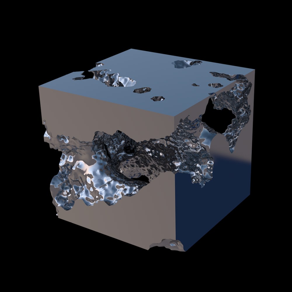 A silver, metallic, 3D-rendered cube which features some erosion through and around the object. The erosion is similar to the texture of coral.