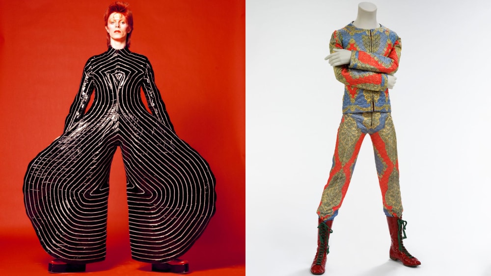 L-R: Striped bodysuit for the Aladdin Sane tour in 1973, designed by Kansai Yamamoto; Quilted two-piece suit designed by Freddie Burretti for the Ziggy Stardust tour, 1972. Pics: Masayoshi Sukita courtesy of Sukita, and David Bowie Archive