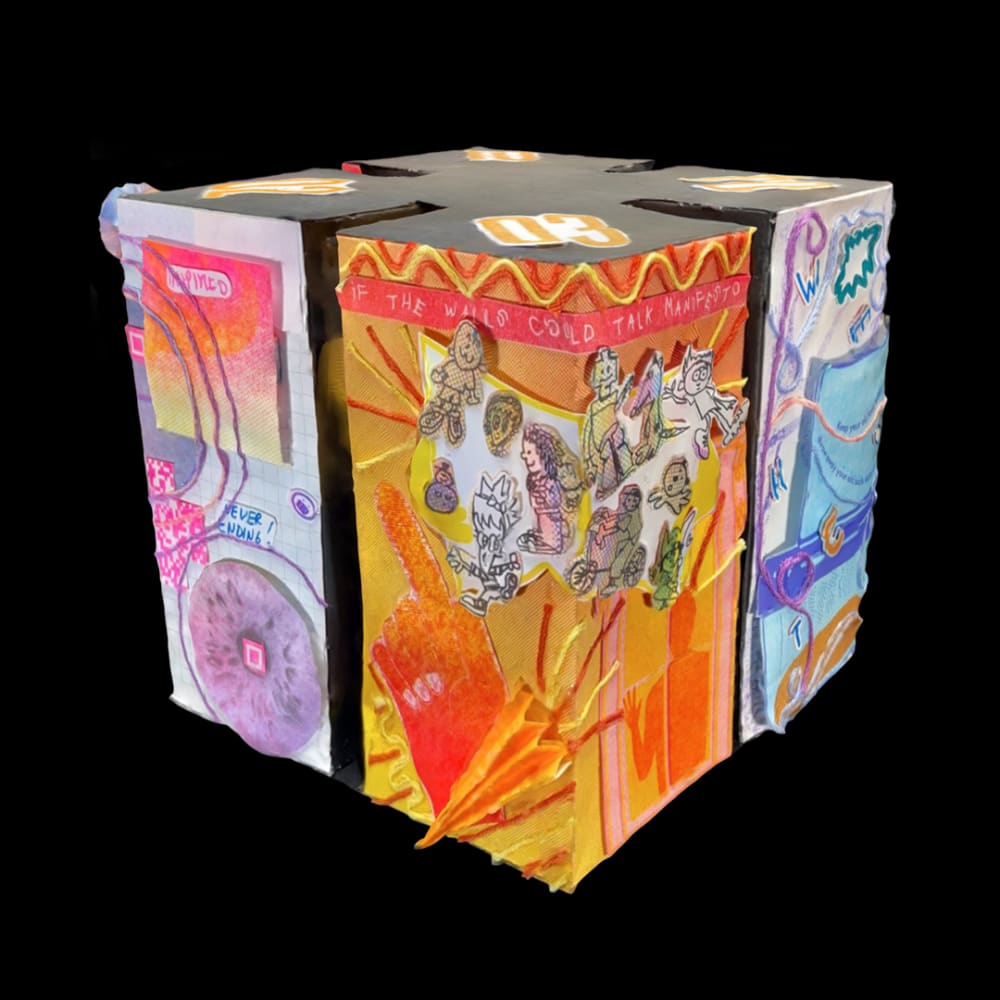A 3D-scan of a physically-made object. The object is a cube shape and made out of multi-coloured paper (mostly purple, orange and blue and black). The top face features the numbers 1-4 in each corner. Around the side faces, bits of paper and illustrations are stuck to the sides, extruding from the object. On the closest corner, a piece of paper says, ‘If the walls could talk manifesto’.