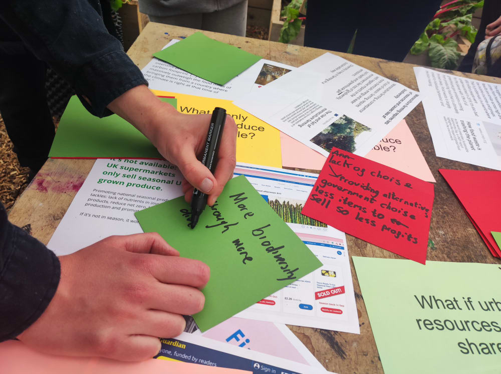 Person writing on colorful notes