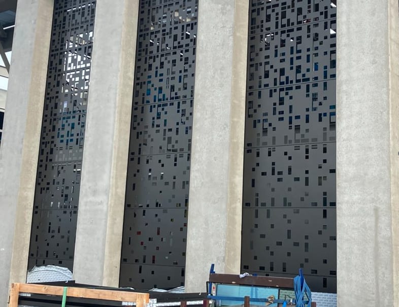 The pattern on these screens, located at the top of the building, is of the facade on John Princess Street. Image by Gavin Jenkins.