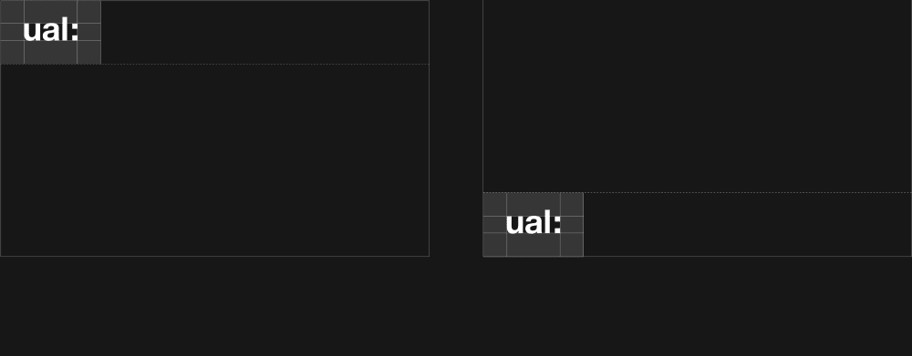 UAL primary logo shown positioned in 2 variations: at the top left of a composition and the bottom left of a composition.