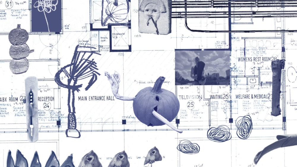 Interior building map overlaid with various sculptural objects.