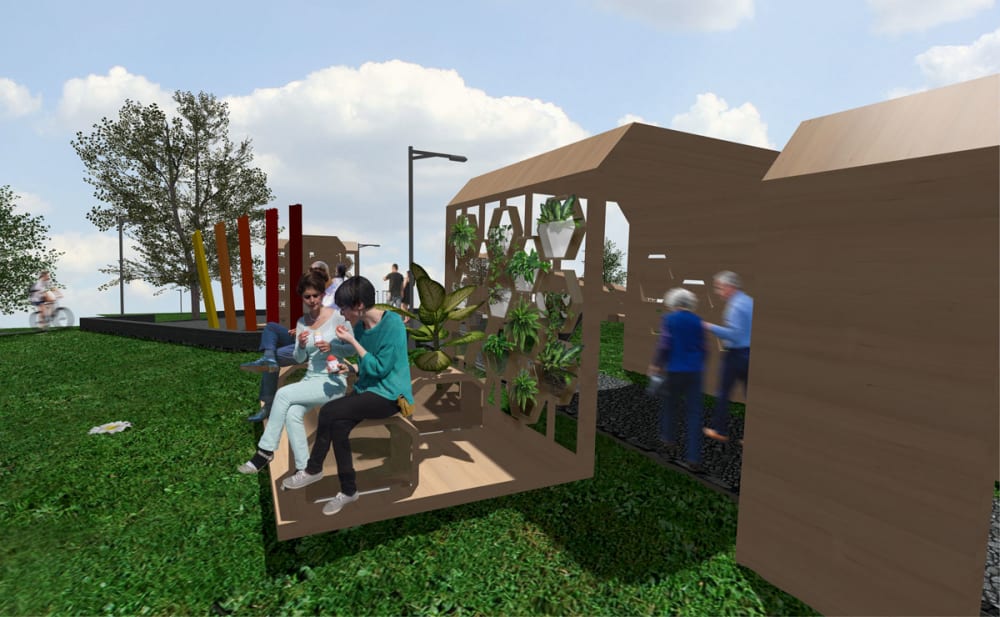 mockup of outdoor garden area and people