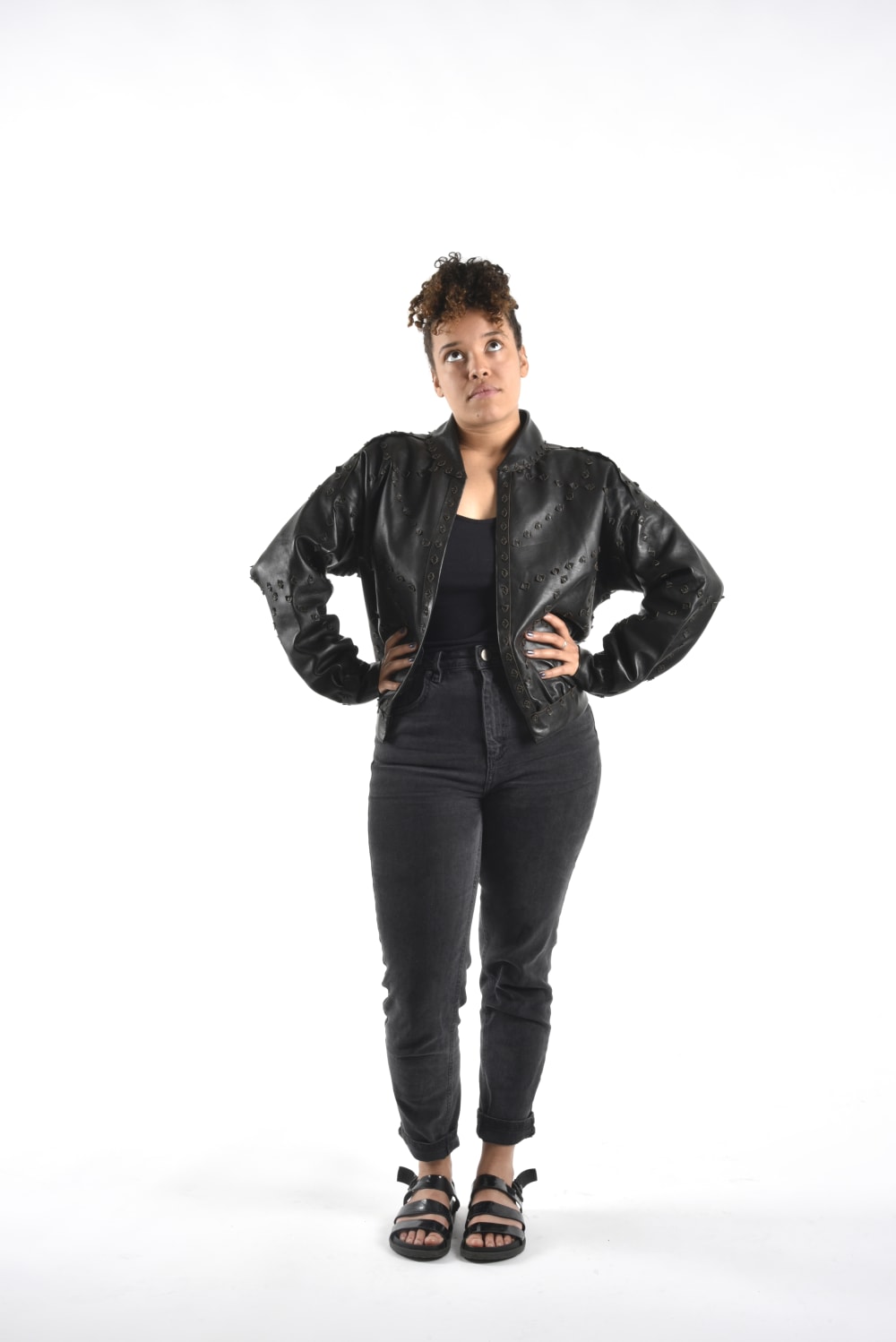 woman wearing a leather jacker