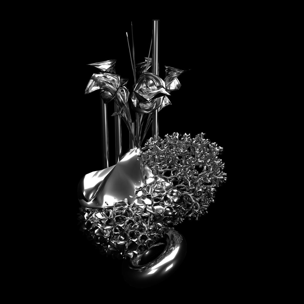 A silver, metallic, 3D-rendered object, comprised of separate parts grouped together. There are thin cylinders and abstracted flowers at the top, coral and a smooth rock in the middle, and a donut shape at the bottom.