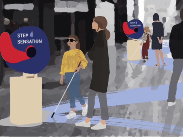 Animation of child with white stick and adult approaching kiosk named 'Step Sensation'