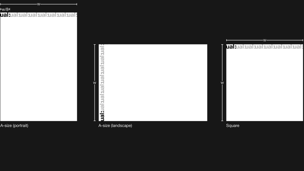 Logo scale examples shown on 3 composition sizes, A4 portrait, A4 landscape and square. Logo scale guidance: if X = length of the shortest side of the composition, the width of the logo should measure X÷8