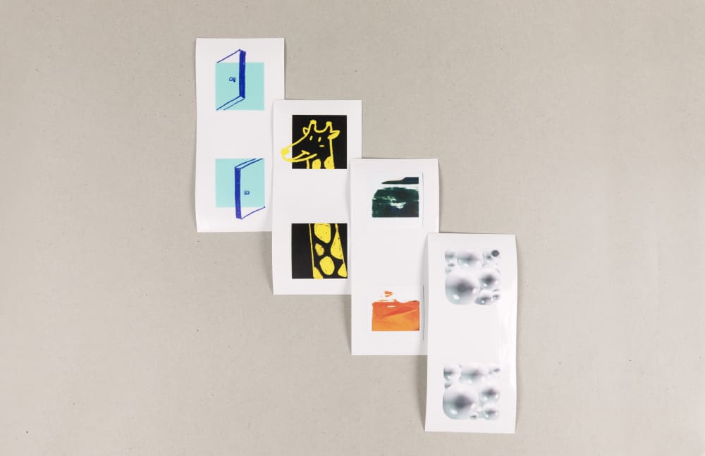 4 rectangular sticker sheets each with 2 illustrated square stickers.