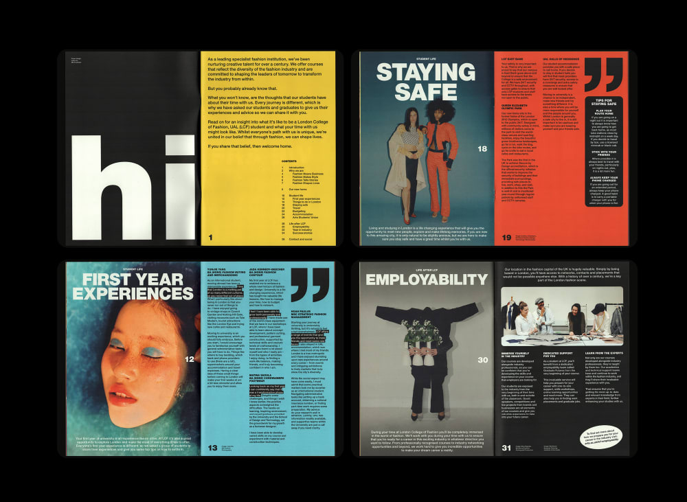 Four double page spreads of the Make it Fashion zine focused on first year experiences, staying safe while studying and living in London and employability.