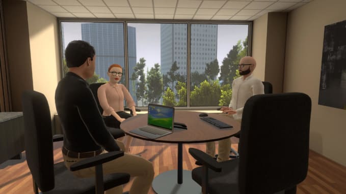 Several digital figures sit around a virtual reality table.