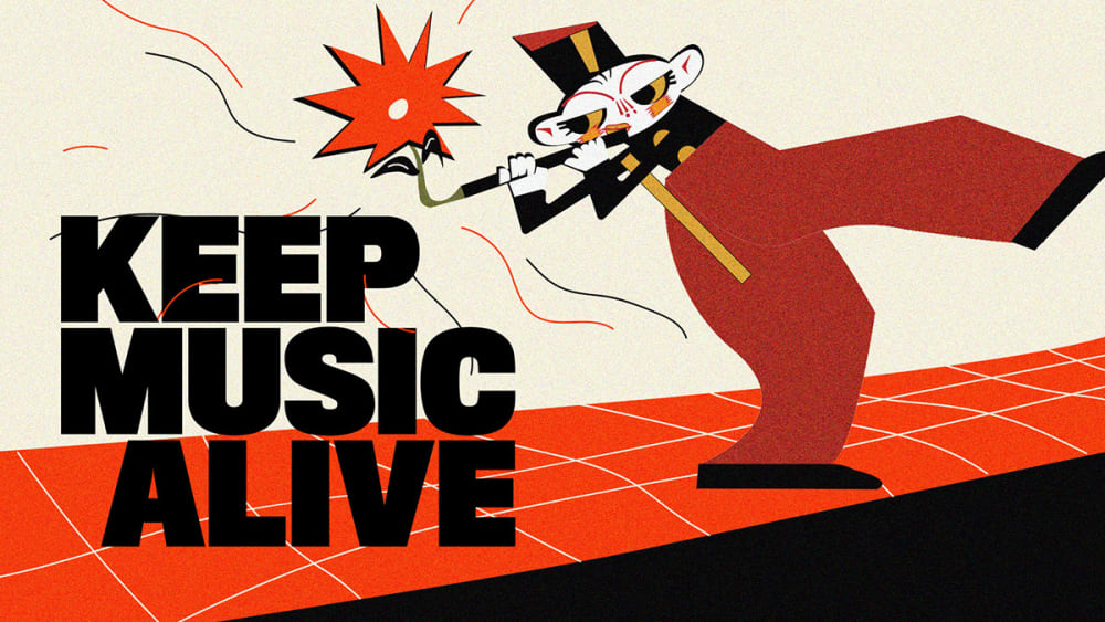 A graphic image of a piper accompanied by the words 'Keep music alive'.