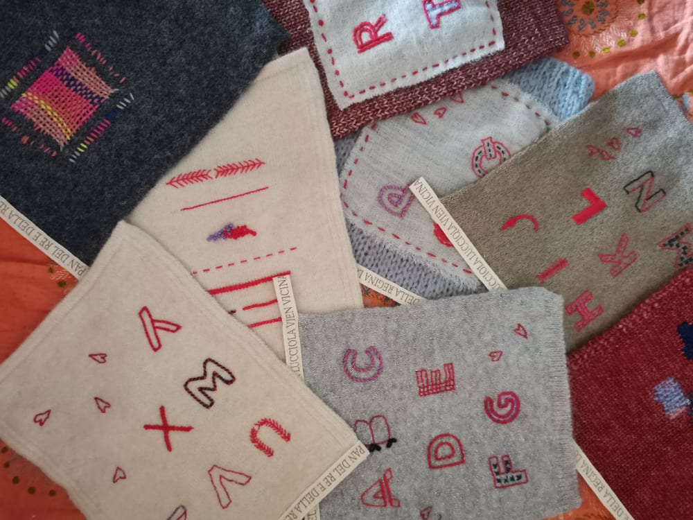 collage of stitching samples on various textiles