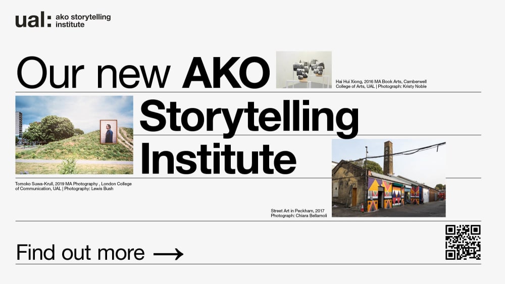 Digital screen with text 'Our new AKO Storytelling Institute'