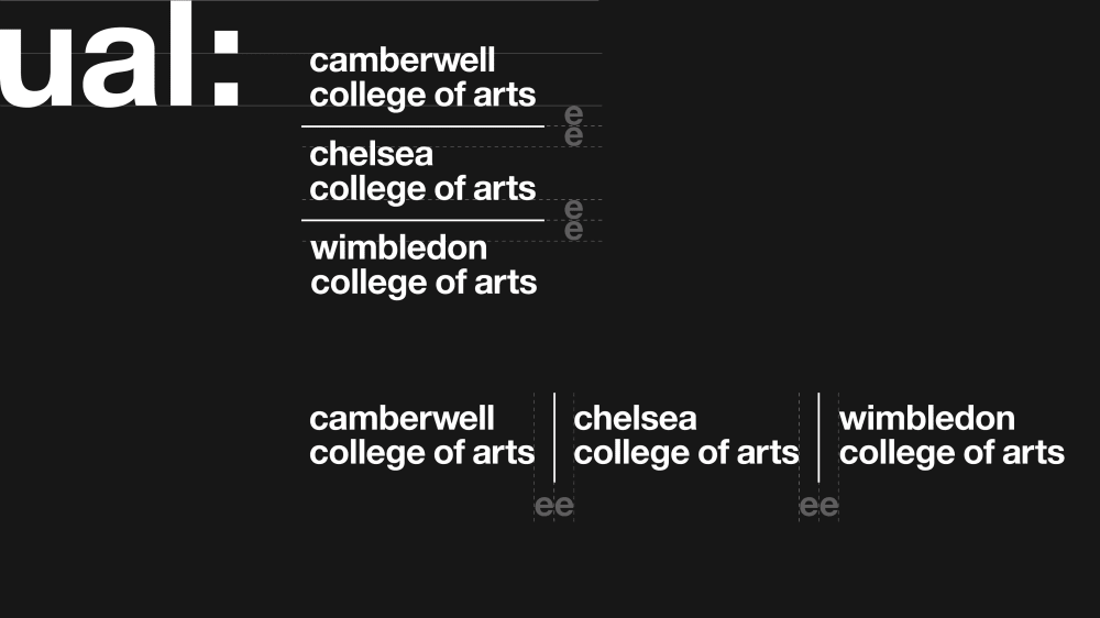 Logo examples showing multiple Colleges included in 1 logo lockup. To space each College name use a dividing line separated by the width or height of a lowercase 'e', depending on whether the logos are stacked vertically or horizontally