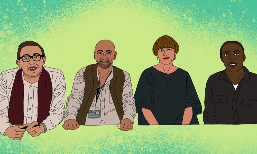 A colourful illustration of the four people on our panel for the pitch-it event