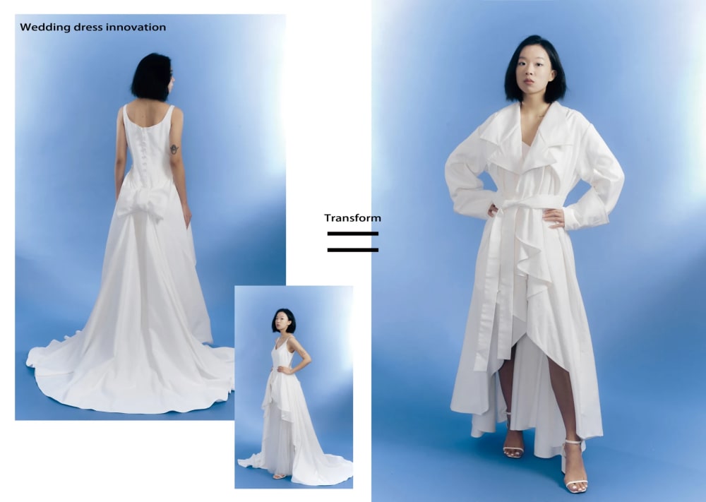 collage of model in transformable wedding dress design