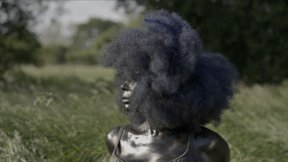 Woman standing in a field looking to the left. Her face is covered by her hair