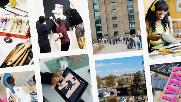 Collage of photos of students in action at UAL