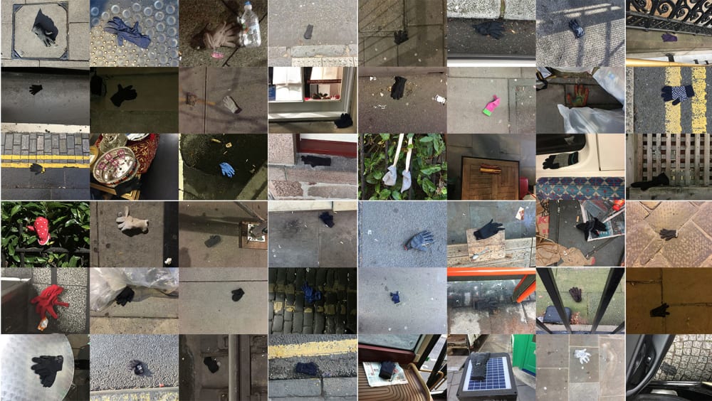 Composition of photos of single gloves found in various street and outdoor locations.