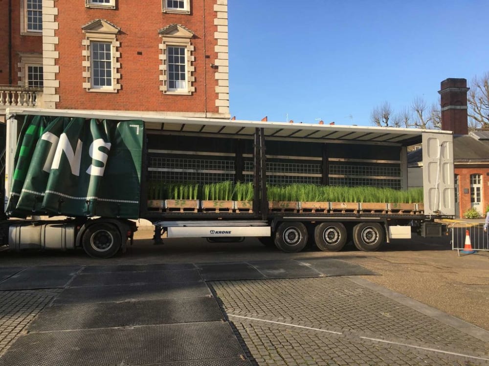 Linen arriving in a van at Chelsea College of Arts.