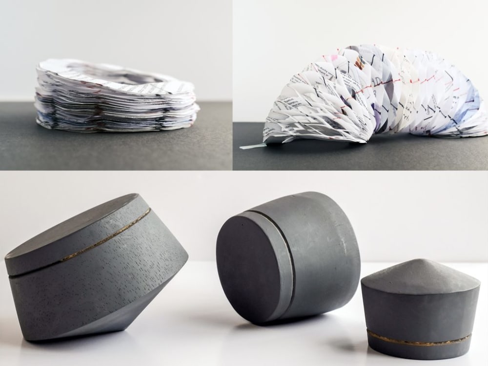 3 images displaying an abstract ceramic and paper models