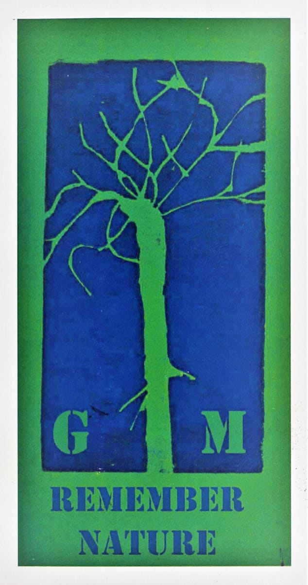 A blue print of a tree on a green background
