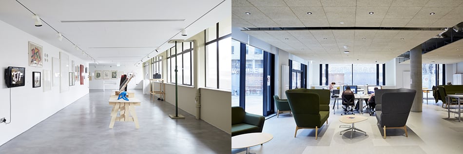 Left: A white gallery space with work on the walls. Right: A room with chairs and computers in it.