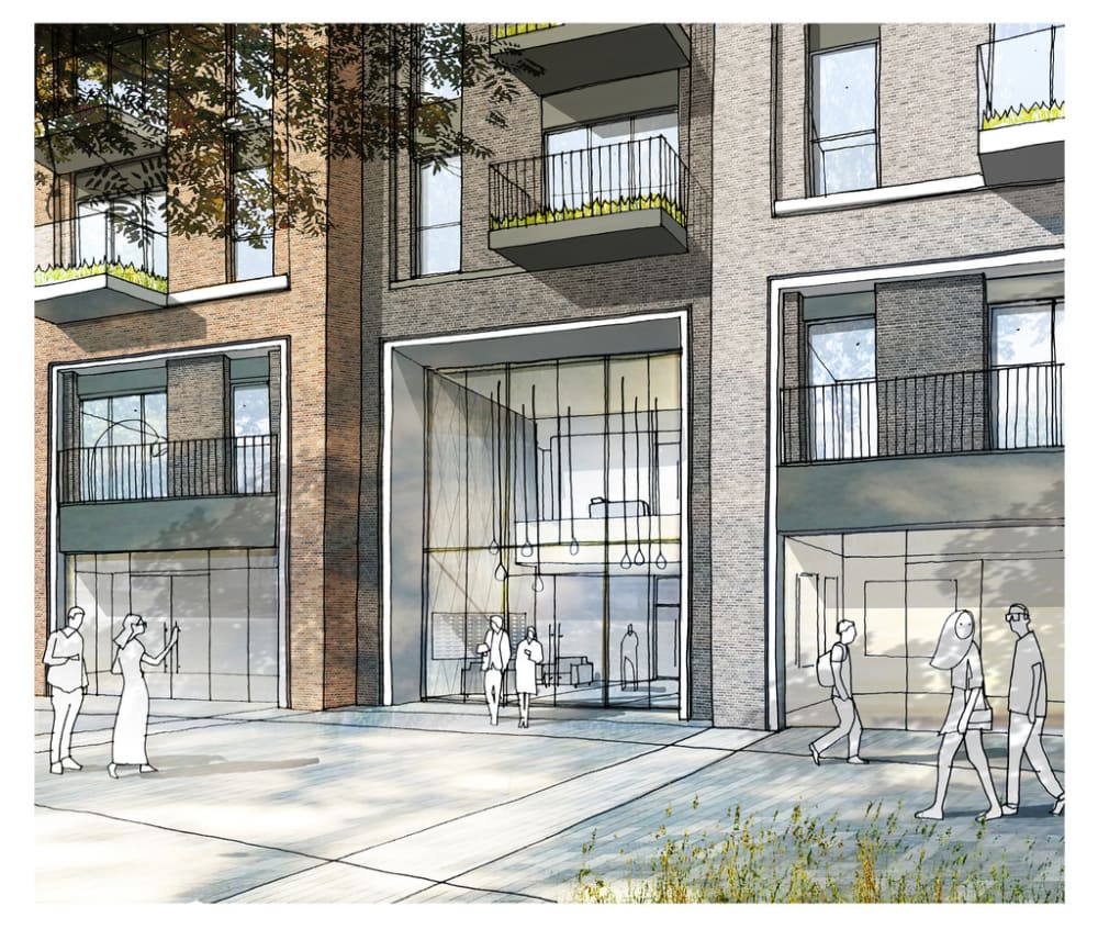 Architectural sketch of the exterior of a building