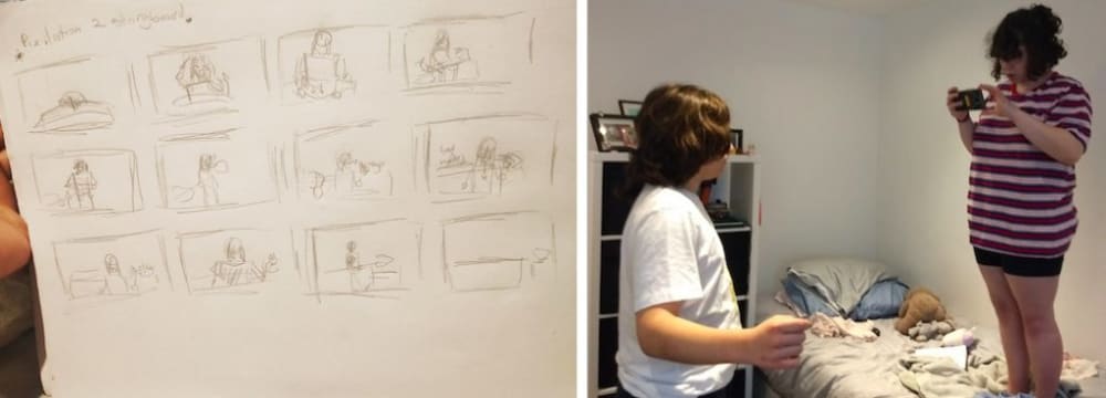 a drawn storyboard next to an image of somebody filming another in a bedroom