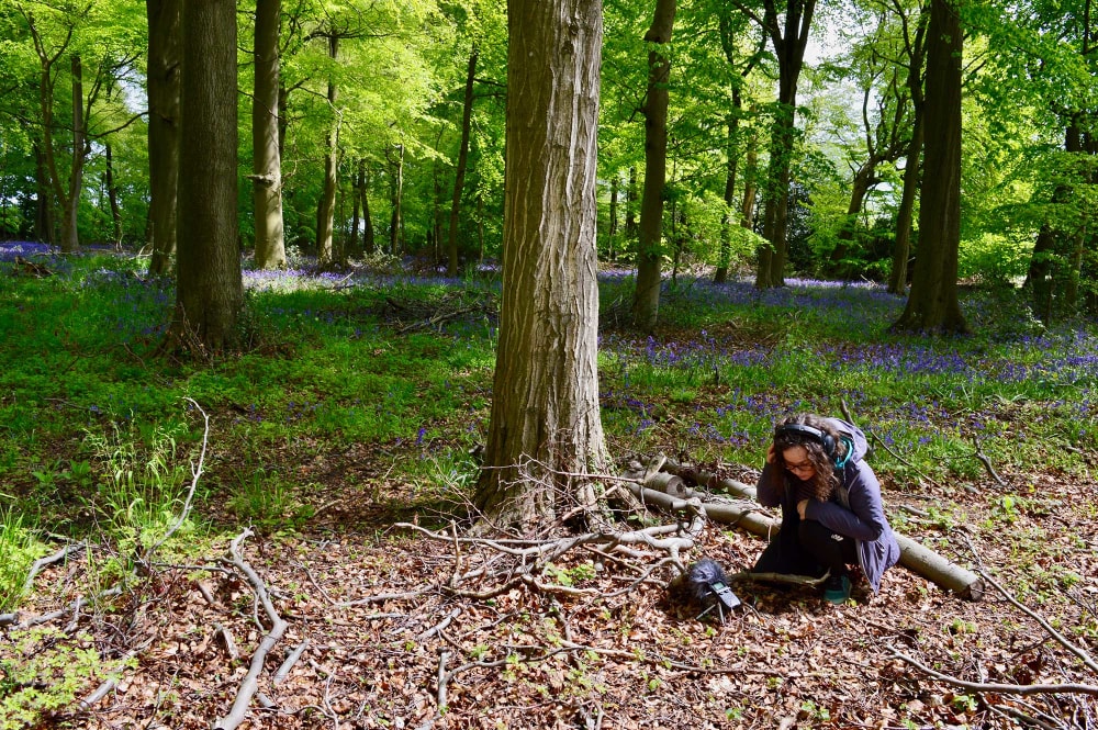 Person kneeling in forest