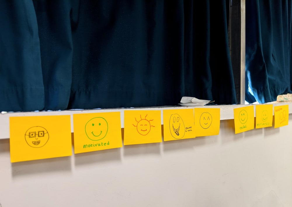 An image of post it notes with drawings to show how the students are feeling.