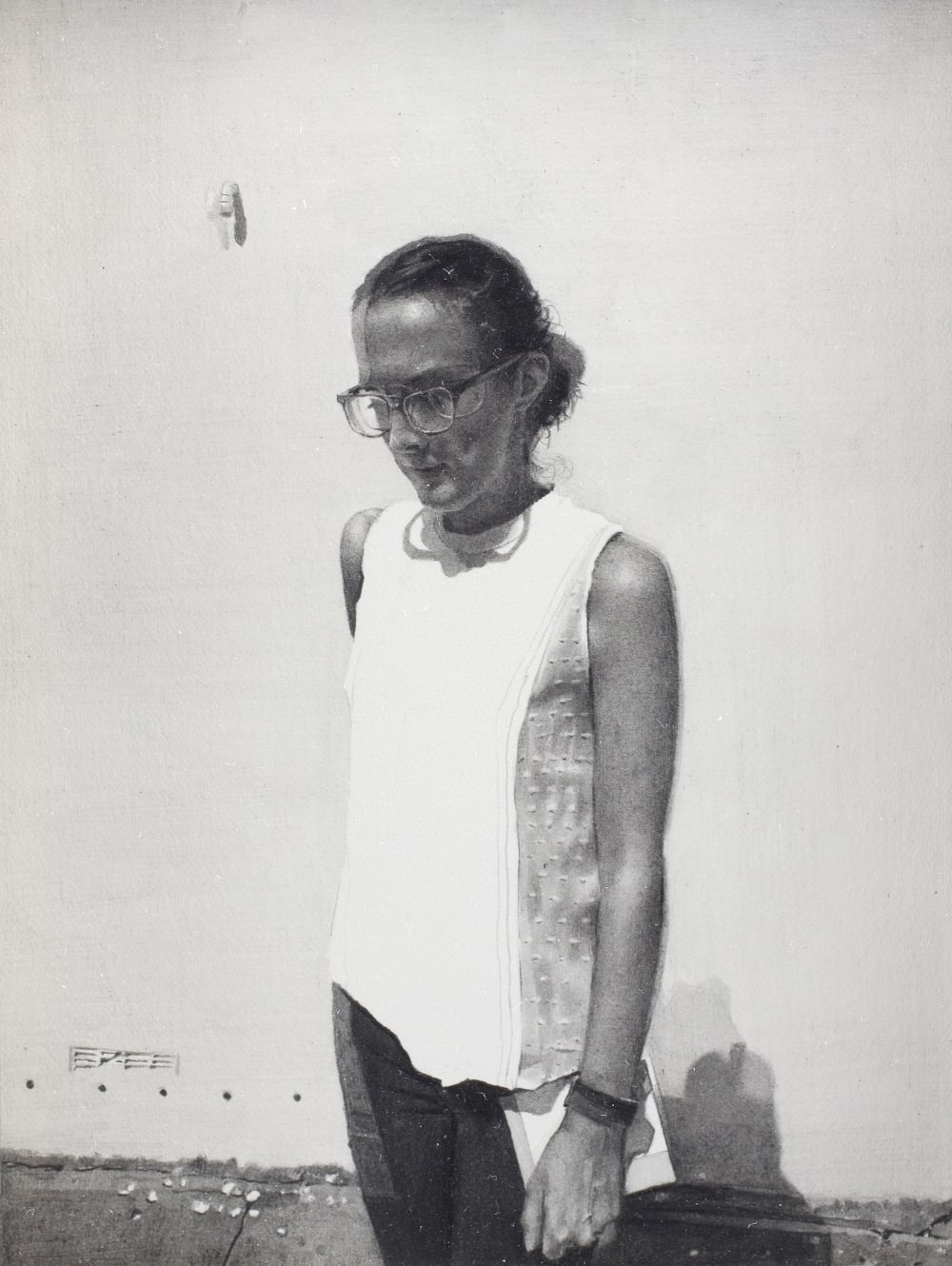 Pencil drawing of a person in a white vest, glasses and their hair in a low ponytail. 