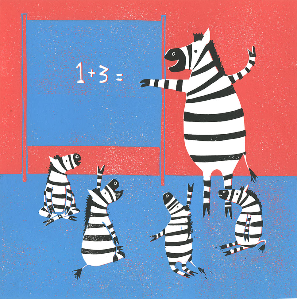 Illustration of a zebra teaching smaller zebras maths from children's book by Morag Hood