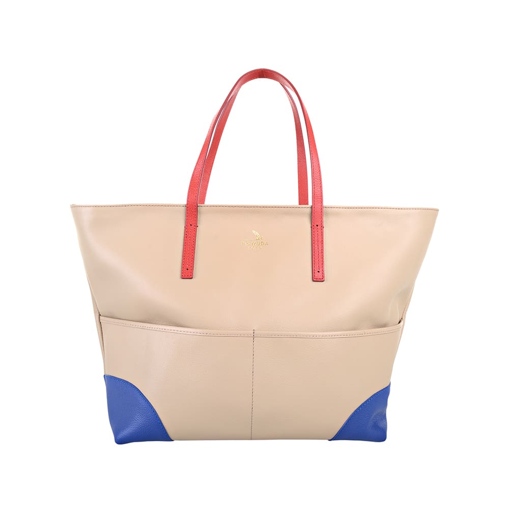 A beige tote bag with blue corner caps and red handle